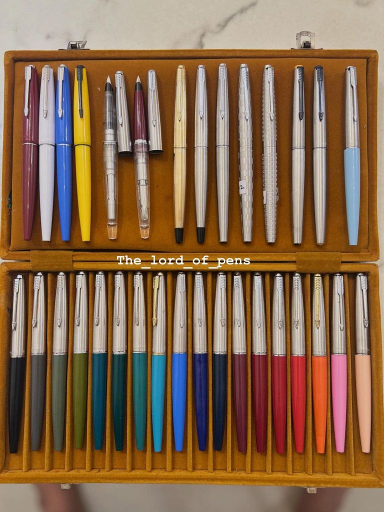 A neatly arranged collection of fountain pens in various colors displayed in a case.