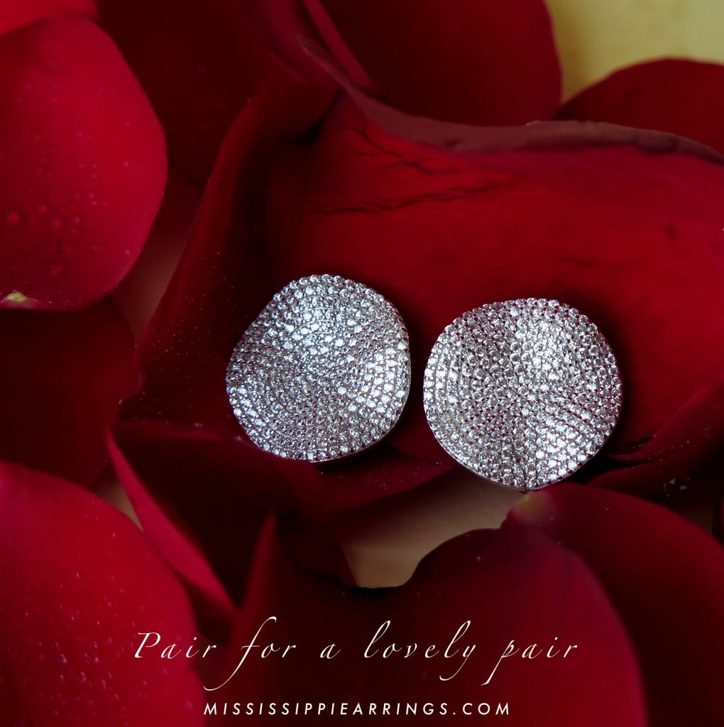 A pair of sparkling silver earrings displayed on red rose petals, highlighting their elegance and beauty.