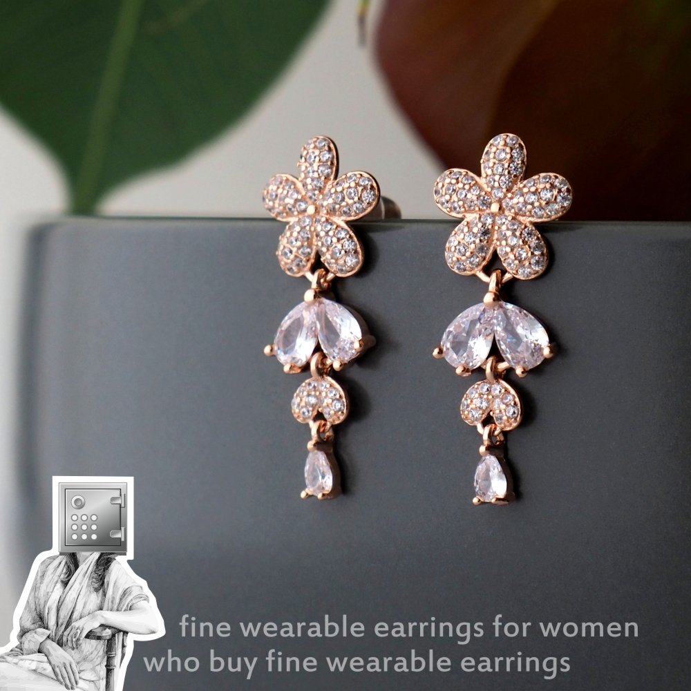 A pair of elegant rose gold earrings featuring flower designs with sparkling gemstones and teardrop accents.
