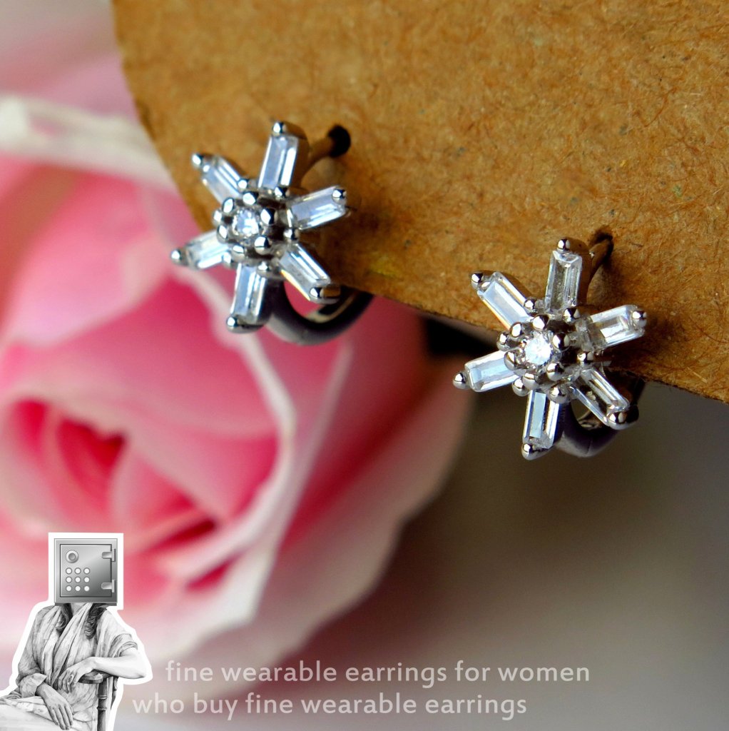 Close-up of elegant star-shaped earrings with clear gemstones, displayed against a backdrop featuring a pink rose.